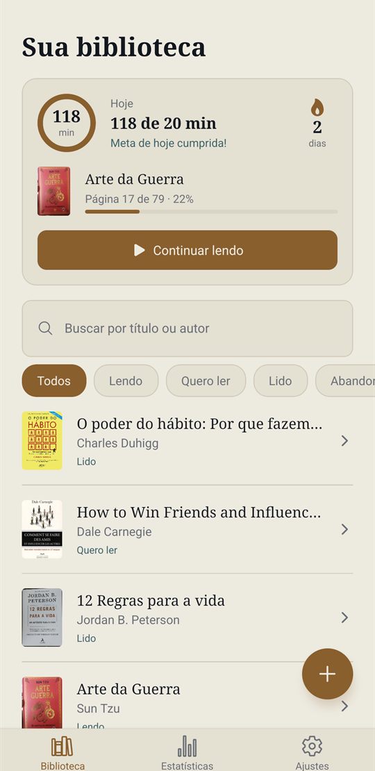 Tela da biblioteca do Legere, com a meta do dia, a sequência e o livro atual
